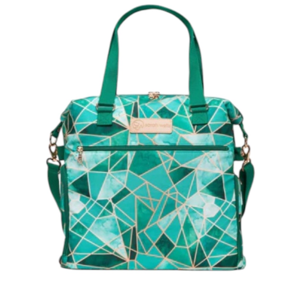 Sarah Wells Lizzy Breast Pump Bag Green Geometric Laptop Tote Diaper Bag